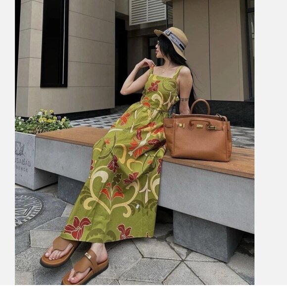 NWOT ZARA WOMAN ZW COLLECTION PRINTED MIDI DRESS GREEN | 2183/010 - Picture 5 of 12